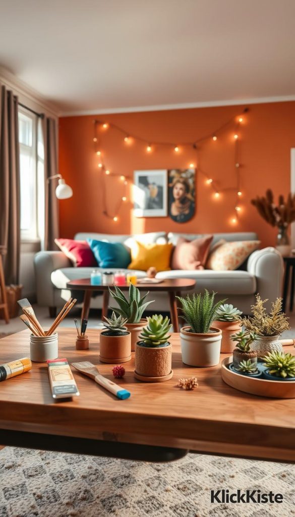 A cozy living room undergoing mini-renovations for the weekend, showcasing vibrant DIY decor elements. In the foreground, a wooden coffee table is adorned with paintbrushes, small potted plants, and upcycled crafts. The middle layer features a stylish sofa with colorful cushions, while the backdrop reveals a freshly painted accent wall in warm tones, complemented by fairy lights that add a soft glow. Natural sunlight streams through a window, creating a welcoming atmosphere with a hint of winter vibes. The scene is authentic and inspiring, resembling a Pinterest aesthetic, reflecting the brand "KlickKiste." The overall mood is cheerful and innovative, encouraging creative DIY projects for home refreshment.