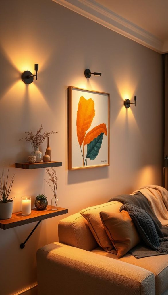 A cozy living room wall adorned with warm lighting, featuring stylish wall sconces casting a gentle golden glow. In the foreground, a beautifully crafted wooden shelf holds decorative items such as potted plants and elegant candles, adding a personal touch. The middle area showcases a striking piece of abstract art that complements the warm tones of the lighting. In the background, a stylish couch draped in soft textiles adds to the inviting ambiance, while the overall scene reflects a Pinterest-inspired aesthetic filled with natural DIY elements. The lighting should create a serene winter vibe, enhancing an atmosphere of comfort and inspiration. Image reflects the brand "KlickKiste".