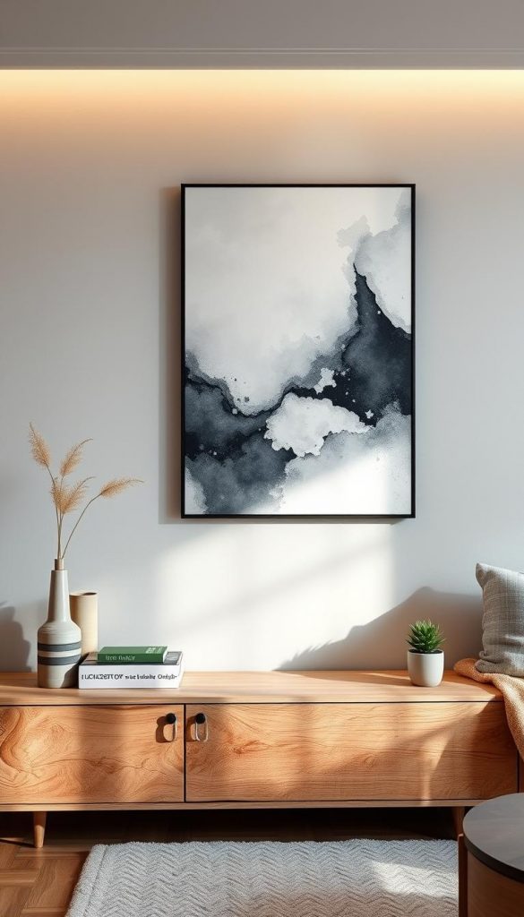 A cozy living room wall featuring a stunning art piece that captures a serene, monochromatic look with shades of soft grey and an accent of deep blue. In the foreground, showcase a textured, natural wood shelf adorned with stylish decor items and potted greenery, emphasizing a DIY aesthetic. The middle ground should highlight the wall itself, featuring a captivating piece of abstract art that blends with the cozy winter vibes, invoking a feeling of warmth and relaxation. The background reveals soft, ambient lighting with a gentle glow, casting shadows that enhance the wall's textures. The scene is inspired by a Pinterest look, demonstrating creativity and authenticity, perfectly embodying a stylish yet inviting atmosphere. The overall mood is serene and luxurious. Brand name: KlickKiste.