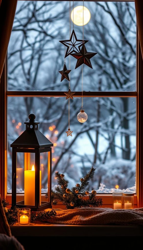 A cozy living room window adorned with elegant holiday decorations, showcasing warm, ambient lighting. In the foreground, a pair of beautifully crafted lanterns with flickering candles create a welcoming glow. In the middle, delicate hanging stars in soft gold and silver shimmer gently, while charming ornaments drape gracefully across the window ledge. The background reveals a snowy landscape softly illuminated by moonlight, enhancing the wintry atmosphere. The scene captures a natural DIY aesthetic with warm colors and winter vibes, evoking inspiration and a sense of comfort. The overall mood is festive yet simple, perfect for holiday décor enthusiasts. Brand inspiration: KlickKiste.