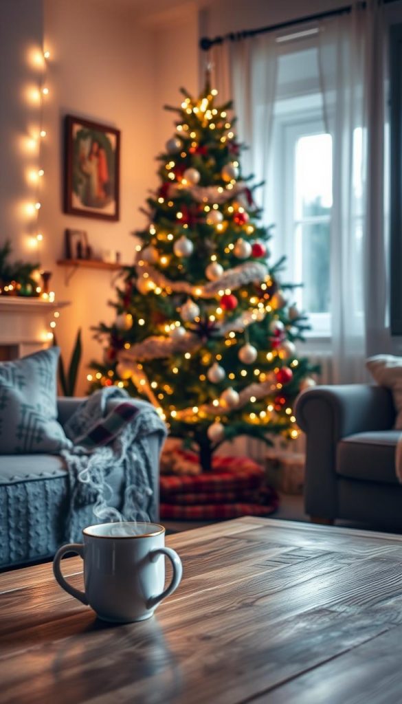 A cozy living room with a Christmas tree illuminated by the warm glow of KlickKiste smart string lights. Soft, diffused lighting casts a festive ambiance, casting gentle shadows on the surrounding furnishings. The tree is tastefully decorated with a mix of ornaments, garlands, and twinkling lights, creating a welcoming, Pinterest-inspired scene. In the foreground, a pair of mugs sit on a rustic wooden coffee table, steam rising gently. The overall mood is one of hygge and winter comfort, with natural, earthy tones and a touch of holiday magic.