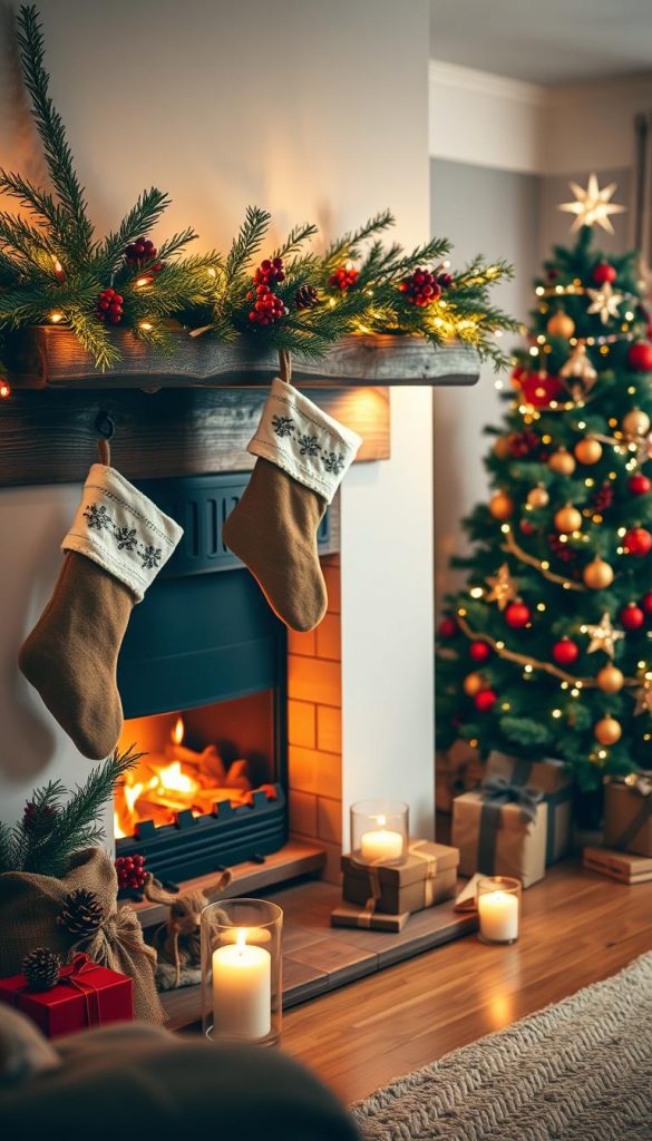 A cozy living room with a beautifully decorated fireplace for Christmas, featuring natural DIY decorations. In the foreground, a rustic wooden mantle adorned with pine branches, red berries, and twinkling fairy lights, creating a warm ambiance. A traditional stocking hangs from the mantle. The middle ground showcases a crackling fire, casting flickering shadows, while a few candles in glass holders add soft light. In the background, a tastefully decorated Christmas tree is visible, adorned with ornaments and wrapped gifts underneath, all in warm, inviting colors reminiscent of winter vibes. Capture this scene with a warm, inviting glow, emphasizing the festive atmosphere and authentic creativity. Style it in a Pinterest-inspired look, showcasing "KlickKiste" design elements.
