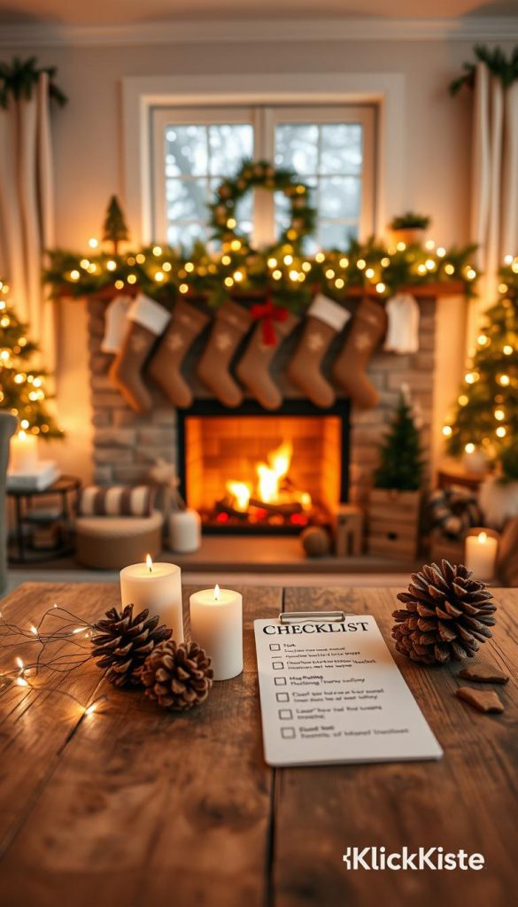 A cozy living room with a beautifully decorated fireplace, showcasing a "checklist" for Christmas Eve preparations. In the foreground, a wooden table adorned with warm, natural colors features seasonal decorations like pinecones, small candles, and twinkling fairy lights. The middle displays a softly glowing fireplace, surrounded by stockings and garlands, radiating warmth and festive spirit. The background includes a window showing gentle snowfall outside, enhancing the winter vibes. The lighting is warm and inviting, creating a serene atmosphere perfect for the holiday season. Capture the essence of authentic DIY decor with a Pinterest-inspired look, branded subtly with "KlickKiste" integrated into the scene.