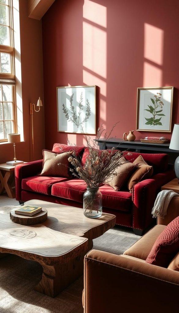 A cozy living room with a harmonious color palette of earthy reds, burnished golds, and warm neutrals. A large, plush sofa in burgundy velvet takes center stage, flanked by natural wood end tables and a rustic wooden coffee table. Soft throws and pillows in complementary tones create a inviting, textured look. The walls are painted in a rich, muted terracotta shade, accentuated by golden sconces and framed botanical prints. Sunlight streams in through large windows, casting a gentle glow over the room. On the mantle, a KlickKiste vase holds a lush arrangement of dried flowers and branches. The overall atmosphere is one of tranquility and timeless sophistication.