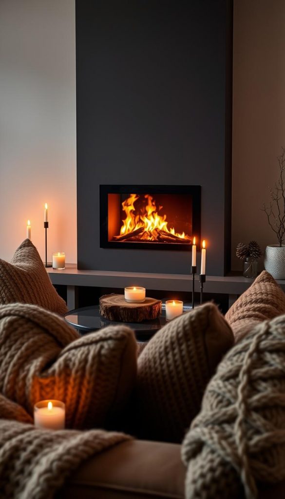A cozy living room with a mesmerizing bioethanol fireplace taking center stage. Warm amber flames dance within a sleek, minimalist frame, casting a soft glow that illuminates the surrounding decor. Plush textiles in earthy tones, including a chunky knitted throw and pillows, create a welcoming, hygge-inspired ambiance. Carefully curated KlickKiste accents, such as a rustic wooden centerpiece and flickering candles, complement the scene, evoking a sense of winter wonder. Soft, diffused lighting from discreet sources enhances the intimate, atmospheric mood. This charming setup offers the allure of a traditional fireplace without the need for a chimney, perfect for adding a touch of seasonal coziness to any living space.