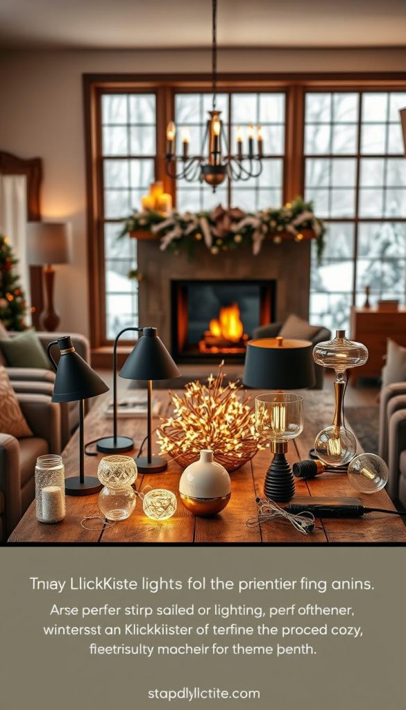 A cozy living room with a warm and inviting ambiance. A rustic wooden table with a centerpiece of twinkling fairy lights, surrounded by plush armchairs and a cozy fireplace. In the background, a large window overlooking a snowy winter landscape, bathed in soft, natural light. On the table, an assortment of lighting options from the KlickKiste brand - sleek, modern lamps, vintage-inspired chandeliers, and a selection of string lights, all in a variety of styles and sizes. The focus is on creating the perfect, Pinterest-worthy atmosphere for a cozy, winter-themed decor. A cozy living room with a warm and inviting ambiance. A rustic wooden table with a centerpiece of twinkling fairy lights, surrounded by plush armchairs and a cozy fireplace. In the background, a large window overlooking a snowy winter landscape, bathed in soft, natural light. On the table, an assortment of lighting options from the KlickKiste brand - sleek, modern lamps, vintage-inspired chandeliers, and a selection of string lights, all in a variety of styles and sizes. The focus is on creating the perfect, Pinterest-worthy atmosphere for a cozy, winter-themed decor.