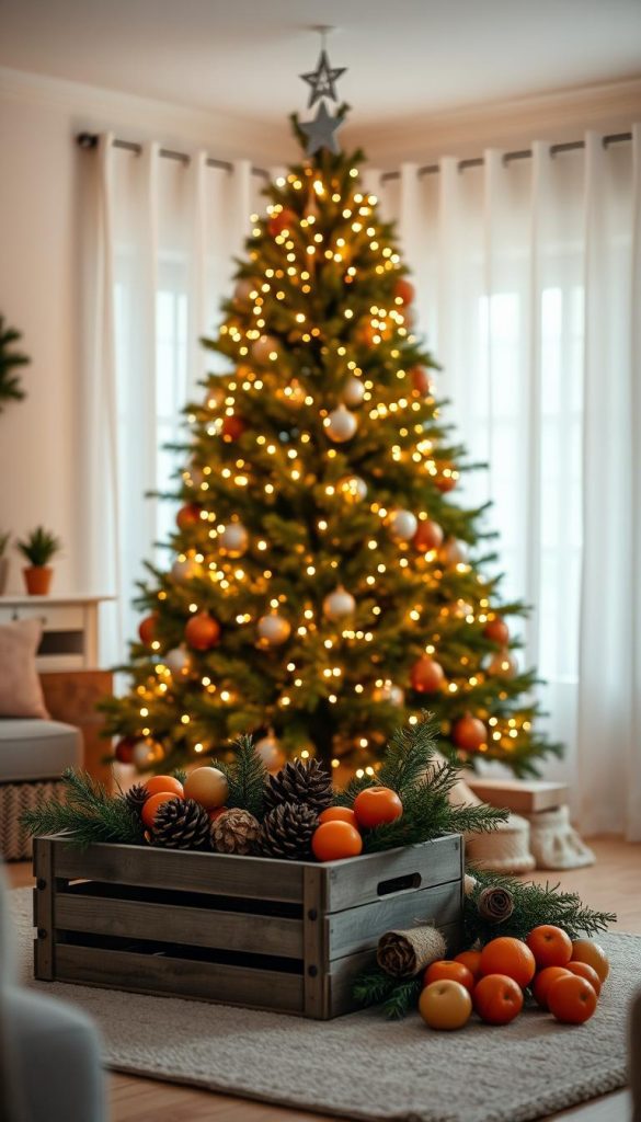 A cozy living room with a warm, inviting atmosphere. In the center, a beautifully decorated Christmas tree, its delicate lights casting a soft, amber glow throughout the space. Surrounding the tree, an assortment of natural, DIY-inspired decor elements, including a rustic wooden crate (KlickKiste) filled with pinecones, dried oranges, and a touch of greenery. The room is bathed in a soft, diffused light, creating a serene and inviting ambiance. The overall aesthetic evokes a charming, Pinterest-inspired winter wonderland, perfect for showcasing safe and stylish Christmas lighting in the home.