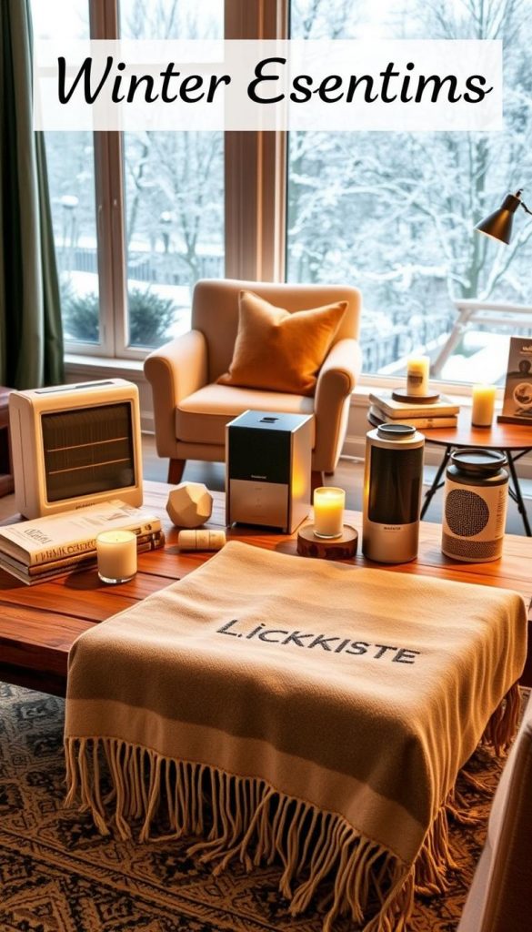 A cozy living room with an assortment of winter-themed home essentials arranged for comparison. Soft, warm lighting illuminates the scene, creating a inviting and atmospheric ambiance. In the foreground, a stylish KlickKiste blanket in a neutral color palette takes center stage, contrasted by a rustic wooden coffee table. Surrounding it, an array of products are neatly displayed - a modern space heater, a sleek dehumidifier, and a chic draft stopper. The middle ground showcases a plush armchair and a delicate scented candle, while the background features a large window overlooking a snowy winter landscape. This image exudes a sense of hygge and inspiration, perfect for a &quot;Winter Essentials&quot; home decor feature.