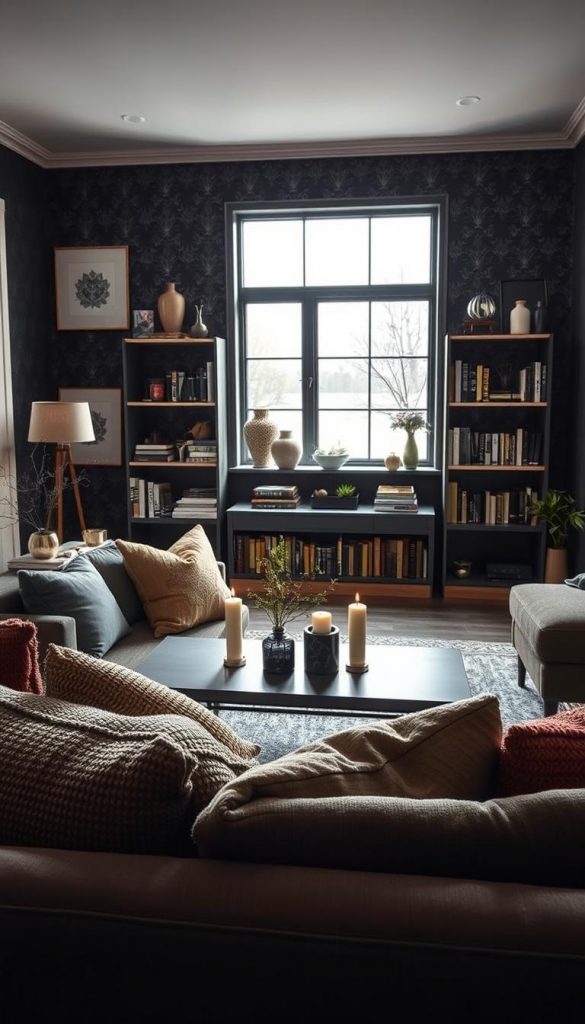 A cozy living room with dark walls, designed for a cocooning atmosphere. In the foreground, a plush, inviting sofa adorned with warm, textured throw pillows in earthy tones. A sleek, minimalist coffee table features candles and a small potted plant. The middle ground includes stylish bookshelves filled with books and decorative pieces reflecting a rustic yet modern aesthetic. The background showcases wallpaper with rich, deep hues, like navy blue or charcoal, contrasting with warm wood accents. Soft, ambient lighting bathes the space, creating a tranquil, inviting mood, reminiscent of winter vibes. A large window allows natural light to filter through, framing a serene outdoor view. Style inspired by KlickKiste, evoking a natural DIY look with a Pinterest-worthy charm.