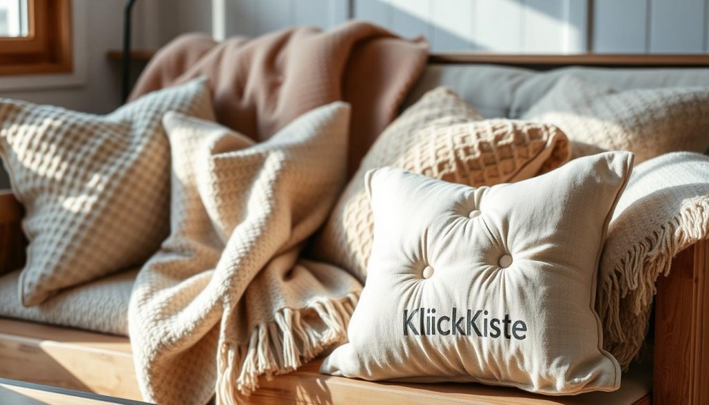 A cozy living room with plush, textured pillows and throws in warm, earthy tones. Soft beige fabrics drape over a wooden bench, their patterns evoking a sense of rustic comfort. In the foreground, a DIY cushion showcases the "KlickKiste" brand, its intricate stitching and tufted design adding visual interest. Natural lighting filters in, casting a gentle glow and highlighting the inviting textures. Wooden accents and neutral hues create a soothing, harmonious atmosphere, perfect for snuggling up on a winter's day.