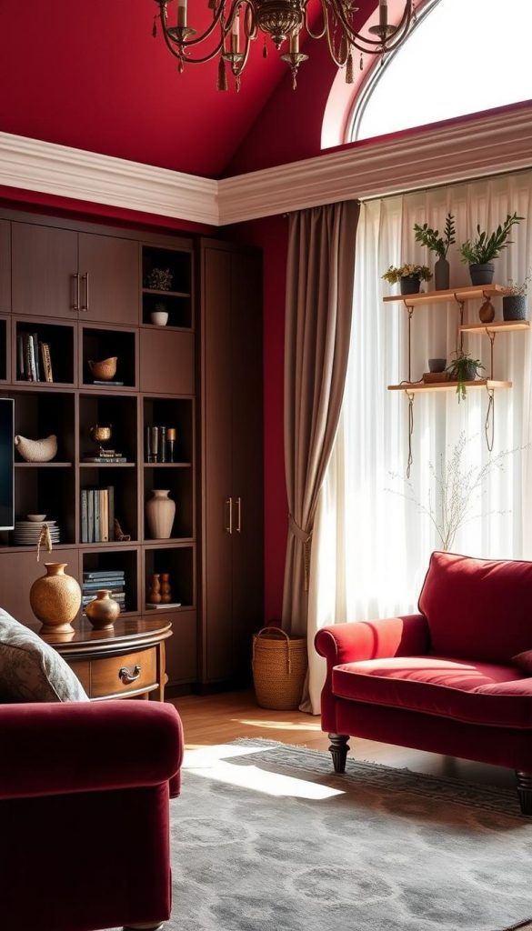 A cozy living room with warm hues of red and gold, showcasing smart space-saving ideas. In the foreground, a vintage-inspired KlickKiste displays decorative items, complementing the plush velvet seating. The middle ground features a cleverly designed wall unit with hidden storage compartments, creating the illusion of a larger room. Soft natural lighting filters through sheer curtains, casting a serene ambiance. In the background, a DIY-inspired display wall features handmade shelves and botanical accents, exuding a Pinterest-worthy aesthetic. The overall atmosphere evokes a sense of winter coziness and budget-friendly sophistication.