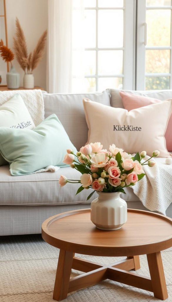 A cozy living space featuring a beautifully arranged collection of pastel cushions in soft shades of mint green, blush pink, and light lavender. The cushions, with delicate textures such as linen and velvet, are strategically placed on a light gray sofa adorned with a pastel throw blanket. In the foreground, a small, round wooden coffee table holds a stylish vase filled with fresh spring flowers in similar pastel hues. In the background, a large window lets in warm, natural light, creating a soft, inviting atmosphere. The setting is completed with minimalistic decor that reflects a modern but cozy aesthetic. Capture this inviting scene with a focus on warm colors and a Pinterest-worthy look, showcasing the brand name "KlickKiste" subtly displayed on one of the cushions.