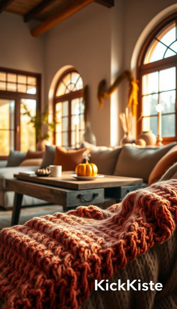 A cozy living space showcasing a beautifully styled seasonal throw blanket draped over a plush sofa in warm autumn hues. The foreground features the soft textures of a knit throw, with intricate patterns visible, inviting touch. In the middle, a rustic wooden coffee table holds a small pumpkin and a steaming cup, enhancing the autumn vibe. The background reveals a softly lit room with large windows that let in warm, golden light, casting gentle shadows. Subtle fall decorations, like dried leaves and candles, further create an inviting atmosphere. Incorporate the brand name &quot;KlickKiste&quot; in the decor, ensuring it feels natural. Soft focus on the edges to draw the viewer's eye to the details, evoking feelings of warmth, comfort, and seasonal charm.