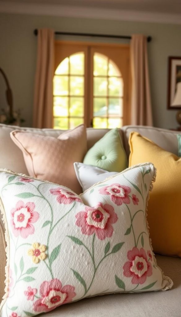 A cozy living space showcasing a vibrant "spring pillow" arrangement by KlickKiste. In the foreground, a plush, pastel-colored pillow adorned with floral patterns and soft textures contrasts beautifully with a slightly worn, neutral couch. The middle section features a tasteful scattering of coordinating pillows in shades of mint green, blush pink, and sunny yellow, creating a cheerful and inviting atmosphere. In the background, a softly blurred window lets in warm, natural light, highlighting the seasonal transformation with hints of greenery visible outside. The mood is fresh and uplifting, evoking a sense of renewal and warmth, embodying the transition from winter's drab tones to the lively brilliance of spring. The composition is shot from a slight angle to capture depth and interest in the layout.