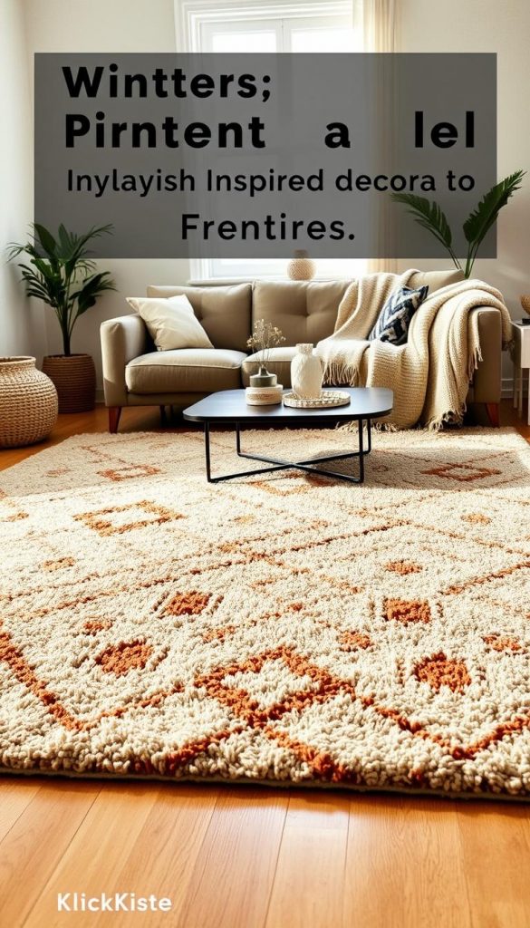 A cozy living space showcasing beautifully layered rugs in warm, natural hues, reflecting winter vibes. In the foreground, a soft, textured area rug with intricate patterns sits atop a larger, more neutral base rug, creating depth and comfort. In the middle, a stylish coffee table adorned with a few decorative items, and a plush sofa draped with a knitted throw blanket, enhance the inviting atmosphere. In the background, a window allowing soft, diffused sunlight to filter through, illuminating the warm tones of the rugs. The overall scene conveys a Pinterest-inspired aesthetic, promoting authentic and inspiring décor ideas for renters. Include elements that evoke a sense of homeliness and creativity, embodying the brand "KlickKiste" in this inviting setup.