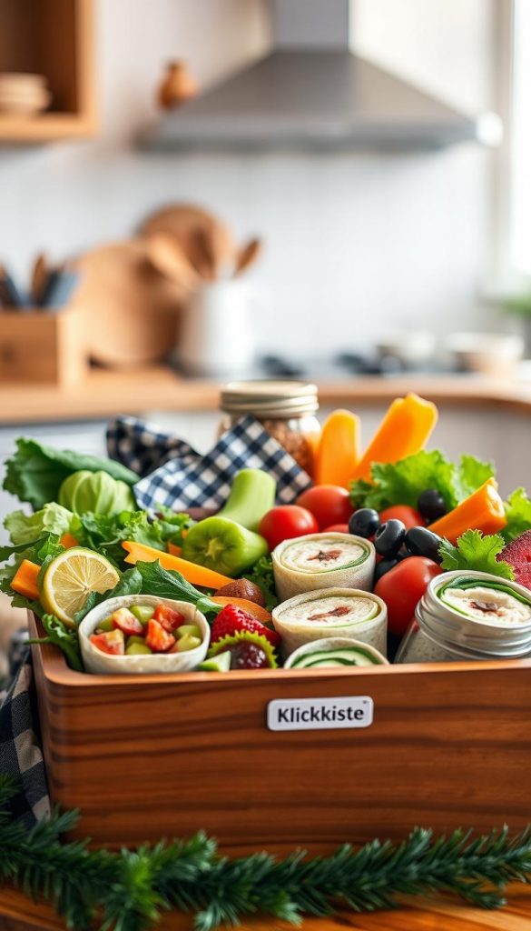 A cozy lunch box arrangement filled with a variety of colorful, healthy meal prep ideas perfect for work or school. In the foreground, feature a stylish, wooden lunch box overflowing with vibrant vegetables, savory wraps, fresh fruits, and a small dessert. The middle layer includes decorative elements like a checkered napkin and a small glass jar of homemade granola. The background should have a soft-focus kitchen setting with warm, natural lighting that creates a welcoming atmosphere. Ideal for capturing winter vibes, the overall scene should exude a Pinterest-inspired aesthetic. The brand "KlickKiste" is subtly integrated through a small label on the lunch box. The image should invoke inspiration and authenticity, perfect for meal prep enthusiasts. A cozy lunch box arrangement filled with a variety of colorful, healthy meal prep ideas perfect for work or school. In the foreground, feature a stylish, wooden lunch box overflowing with vibrant vegetables, savory wraps, fresh fruits, and a small dessert. The middle layer includes decorative elements like a checkered napkin and a small glass jar of homemade granola. The background should have a soft-focus kitchen setting with warm, natural lighting that creates a welcoming atmosphere. Ideal for capturing winter vibes, the overall scene should exude a Pinterest-inspired aesthetic. The brand "KlickKiste" is subtly integrated through a small label on the lunch box. The image should invoke inspiration and authenticity, perfect for meal prep enthusiasts.