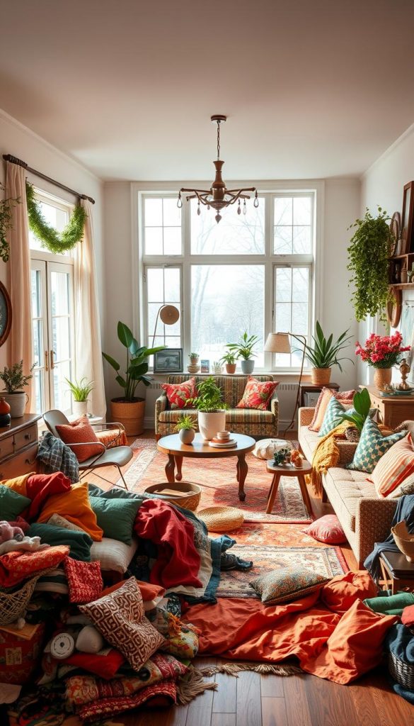 A cozy, maximalist living room scene that showcases the transformation process over a weekend. In the foreground, an open DIY project area is filled with vibrant materials: colorful fabrics, eclectic decor items, and an inviting palette of warm colors, emphasizing a natural, Pinterest-inspired aesthetic. The middle section features a beautifully arranged living space, highlighting a mix of bold patterns, vintage furniture, and decorative plants, creating an authentic and inspirational atmosphere. In the background, soft winter light pours through large windows, casting gentle shadows and enhancing the cozy vibe. Capture the essence of a personal sanctuary with artistic layering, reflecting the principles of maximalism, and include the brand name "KlickKiste" subtly within the decor without text overlays.