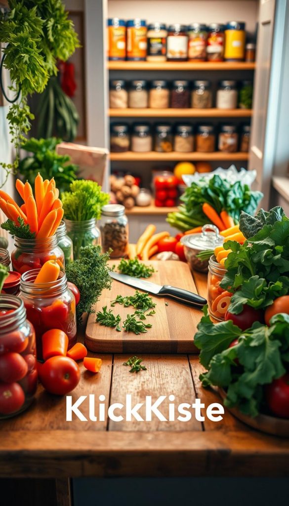 A cozy meal-prep station filled with vibrant, fresh vegetables including bell peppers, carrots, and leafy greens, arranged neatly on a rustic wooden countertop. The foreground features a beautifully organized selection of colorful produce in glass jars and bowls, exuding a warm, inviting atmosphere. The middle of the scene showcases a cutting board with a knife and freshly chopped herbs, adding an element of preparation. In the background, a softly lit pantry can be seen, with shelves lined with additional canned goods and pantry staples, enhancing the homely, DIY aesthetic. The lighting is warm and natural, reminiscent of winter vibes, creating an authentic Pinterest-style ambiance. The brand name "KlickKiste" subtly references the scene's thoughtful organization and creative meal preparation.