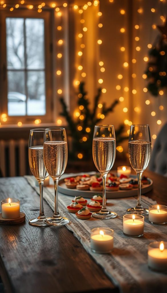 A cozy midnight toast scene, featuring elegantly set glasses of sparkling champagne against a backdrop of twinkling fairy lights. In the foreground, a rustic wooden table adorned with a minimalist yet stylish table runner holds delicate glass flutes filled with bubbly, reflecting warm light. Softly glowing candles are scattered around, casting a gentle, inviting illumination. In the middle, a beautifully arranged platter of festive finger foods showcases an array of elegant hors d'oeuvres, enhancing the celebratory feel. A faint hint of snow can be seen through a window in the background, creating a winter vibe. The atmosphere is warm, inviting, and nostalgic, embodying a sense of new beginnings. This image evokes inspiration and authenticity, reminiscent of a Pinterest-worthy DIY project by KlickKiste.