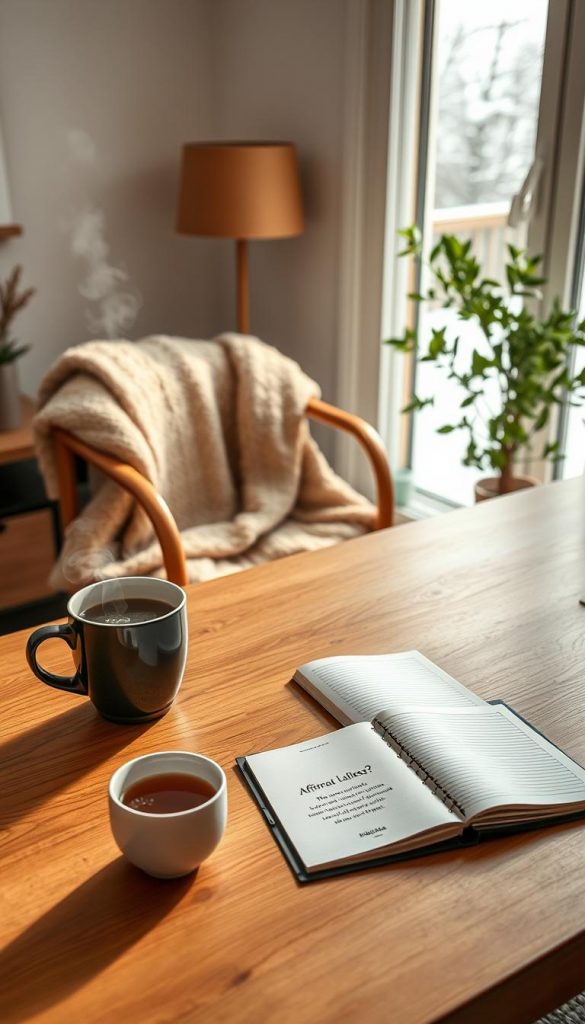 A cozy mindfulness home office scene in a soft, inviting atmosphere, designed for promoting self-awareness and tranquility. In the foreground, a neat wooden desk with a stylish laptop, an open journal, and a steaming cup of herbal tea. On the desk, a set of affirmation cards labeled "KlickKiste," featuring uplifting quotes. In the middle, a comfortable chair draped with a warm knitted blanket, next to a potted plant and a calming essential oil diffuser emitting gentle steam. The background showcases a window with natural light streaming in, framing a view of a snowy landscape, enhancing the winter vibe. Use warm colors and soft lighting to evoke a sense of peace and inspiration, captured from a slight angle to create depth.