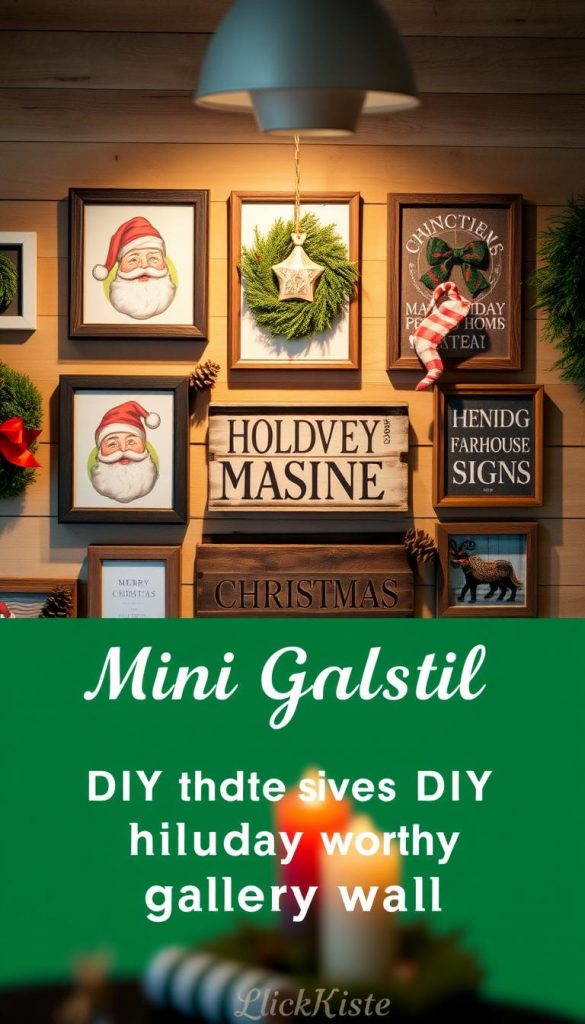 A cozy mini gallery wall decorated for Christmas captures the essence of farmhouse style. The foreground features vintage Santa illustrations in charming frames, surrounded by rustic farmhouse signs with festive messages. In the middle ground, a combination of green and red accents pops against a warm, neutral background, enhancing the holiday atmosphere. Soft, ambient lighting creates a welcoming glow, reminiscent of candlelight. The setting includes wood textures and natural elements like pinecones and holly, inviting a winter vibe. This scene embodies a Pinterest-worthy DIY aesthetic, exuding authenticity and inspiration for holiday decorating. The image should represent a warm, inviting atmosphere without any text or watermarks, showcasing the brand KlickKiste's ethos in holiday decor.
