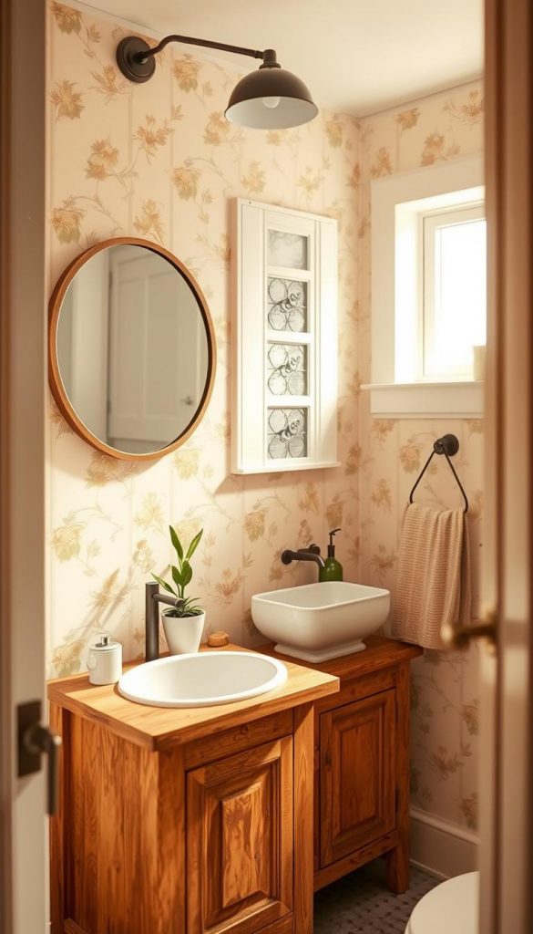 A cozy mini powder room designed in a charming cottage style, showcasing a delicate blend of warm colors and natural materials. In the foreground, a rustic wooden vanity with a round mirror reflects soft, warm lighting, creating an inviting atmosphere. Adorn the walls with floral wallpaper featuring subtle pastel hues and accent a small potted plant for a touch of greenery. In the middle, a vintage-style sink complements the design, with decorative vintage accessories arranged thoughtfully. The background features soft, diffused lighting streaming through a small window, illuminating the space with a soft glow. Capture the image from an angle that showcases the room’s charm, evoking a Pinterest-worthy DIY vibe. The overall mood is authentic and inspiring, reflecting the brand essence of "KlickKiste."