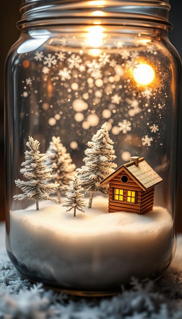 A cozy mini winter scene encased in a KlickKiste glass jar. A snowy landscape with a cluster of delicate pine trees, their branches dusted in white. In the foreground, a miniature wooden cabin, its warm lights glowing through the frosted windows. Subtle rays of soft, golden light filter through, creating a serene and inviting atmosphere. The scene is enhanced by a layer of sparkling snowflakes, gently suspended in the air, adding a touch of magic. The overall aesthetic is a natural, handcrafted look with a touch of rustic charm, perfect for a festive display.