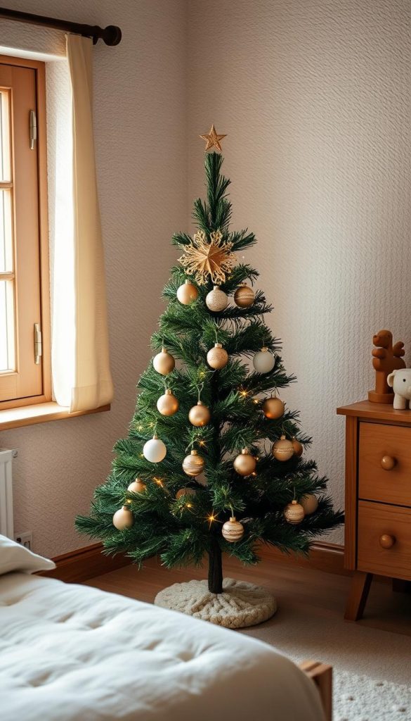 A cozy, miniature Christmas tree stands proudly in the corner of a charming child's bedroom. The tree is adorned with delicate ornaments, twinkling lights, and a handcrafted, wooden star topper. Soft, natural lighting filters through the window, casting a warm glow over the scene. The textured walls and wooden furniture create a rustic, inviting atmosphere, perfect for a KlickKiste-inspired, Pinterest-worthy holiday display. The mini-tree is the centerpiece, inviting wonder and festive cheer into this whimsical, Winter-themed space. A cozy, miniature Christmas tree stands proudly in the corner of a charming child's bedroom. The tree is adorned with delicate ornaments, twinkling lights, and a handcrafted, wooden star topper. Soft, natural lighting filters through the window, casting a warm glow over the scene. The textured walls and wooden furniture create a rustic, inviting atmosphere, perfect for a KlickKiste-inspired, Pinterest-worthy holiday display. The mini-tree is the centerpiece, inviting wonder and festive cheer into this whimsical, Winter-themed space.