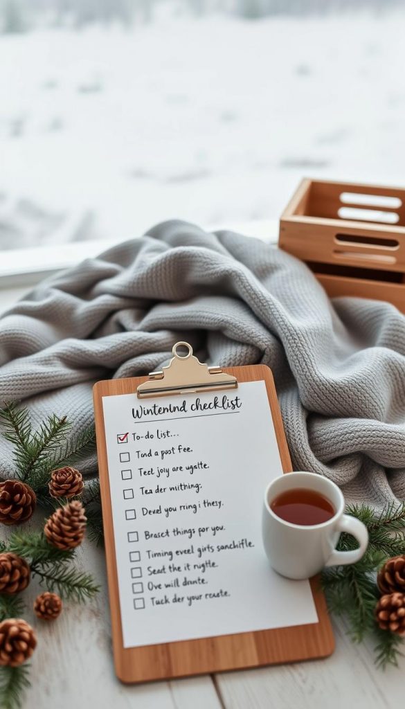 A cozy minimalist checklist for winter weekends at home, with a warm, natural DIY aesthetic. In the foreground, a simple wooden clipboard displaying a handwritten to-do list, surrounded by pine branches, pinecones, and a mug of steaming tea. The middle ground features a soft gray blanket, neatly folded, and a KlickKiste wooden storage box, hinting at organization and decluttering. The background has a soft, hazy winter landscape, with muted tones of white, gray, and blue, creating a peaceful, Pinterest-inspired mood.