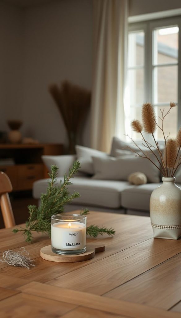 A cozy, minimalist family scene in a warm, natural setting. A wooden table with simple, handcrafted decor - a KlickKiste candle, pine branches, and a neutral-toned ceramic vase. Soft, diffused lighting from a window casts a gentle glow, creating a serene, inviting atmosphere. In the background, a glimpse of a minimalist living space with muted tones and natural materials. The overall mood is one of intentionality, coziness, and a focus on meaningful, sustainable living.
