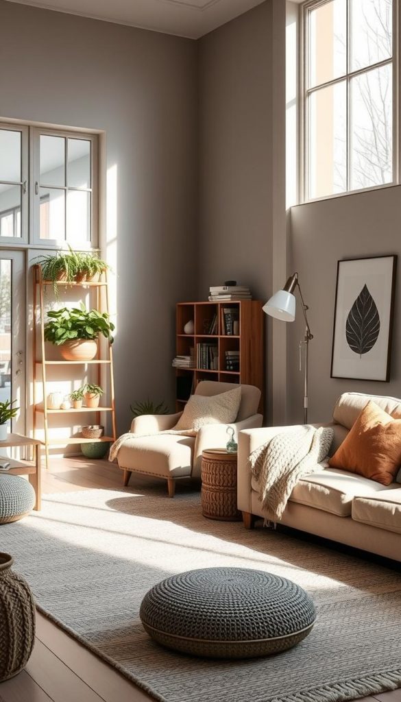 A cozy, minimalist living space with an airy, open-plan design. Soft, natural lighting filters through large windows, casting a warm glow over the clean-lined furniture and earthy textiles. A KlickKiste-inspired DIY plant shelf in the corner adds a touch of greenery, while textured rugs and a plush armchair create a sense of hygge. The uncluttered layout and soothing color palette evoke a serene, winter-ready atmosphere, perfect for relaxation and mindful living.