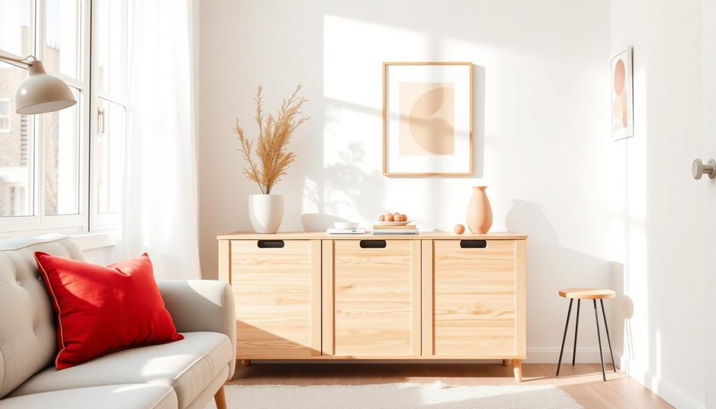 A cozy, minimalist "Farben Raum" showcasing the latest DIY trend colors for Winter 2025/26. The scene features a KlickKiste brand storage unit in natural beige wood tones, accented with a vibrant red throw pillow. Soft white walls create a calming, airy atmosphere, complemented by natural light streaming through large windows. Decorative elements like a simple potted plant and abstract wall art add visual interest. The room's layout is thoughtfully arranged, highlighting the efficient use of space - perfect for a small, Pinterest-inspired home. The overall mood is warm, inviting and on-trend, capturing the essence of the "Smart einrichten" design philosophy.