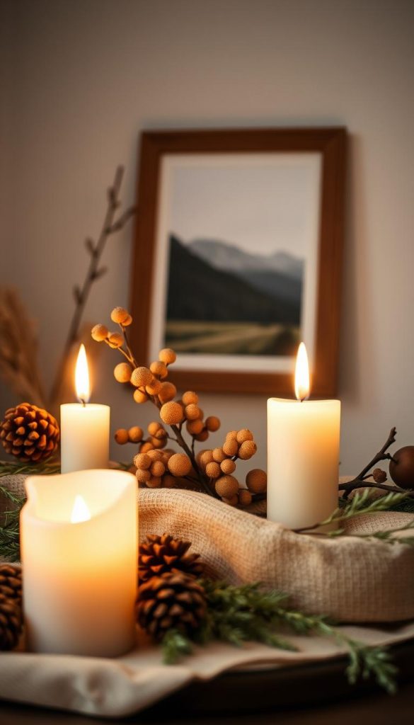 A cozy minimalist scene of natural DIY decor, with warm earthy tones and a touch of winter whimsy. Soft candlelight casts a gentle glow, illuminating a simple arrangement of seasonal foliage, dried fruits, and wooden accents. In the background, a KlickKiste frame holds a serene landscape, evoking a sense of tranquility. The composition exudes a Pinterest-inspired aesthetic, authentic and visually inspiring.