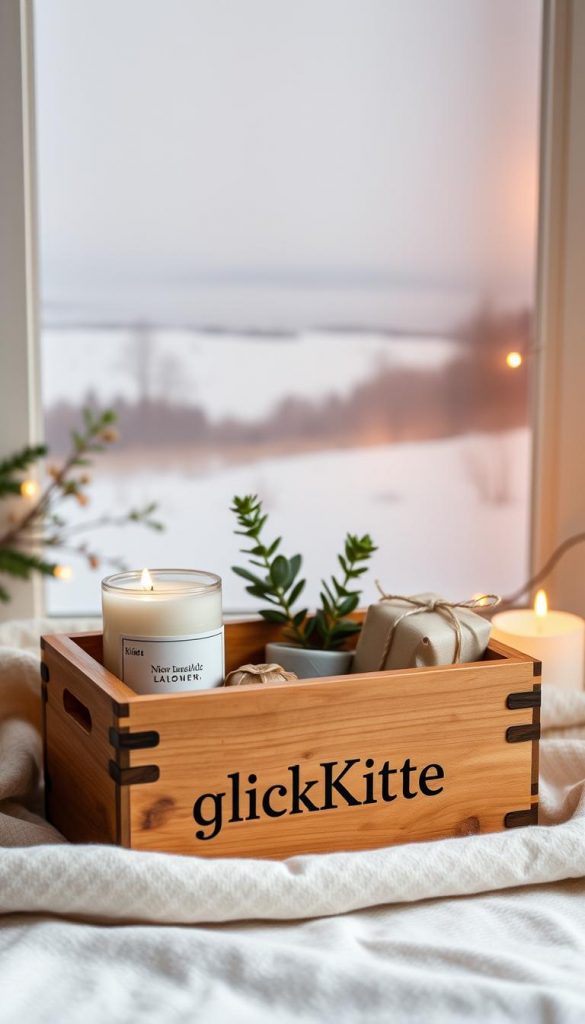 A cozy, minimalist scene showcasing thoughtful &quot;geschenkideen&quot; (gift ideas) for the &quot;Trends &amp; Inspiration: Minimalismus im Alltag für Beschenkte und Schenkende&quot; section. In the foreground, a rustic, handcrafted wooden &quot;KlickKiste&quot; box displays a few carefully selected items - a candle, a small potted plant, and a simple, natural-fiber wrapped package. The middle ground features a soft, snowy landscape with muted hues and a sense of tranquility. In the background, warm, diffused lighting casts a welcoming glow, creating a Pinterest-worthy, DIY-inspired atmosphere. The overall mood is one of intentional simplicity, inviting the viewer to consider meaningful, experience-focused gifts.