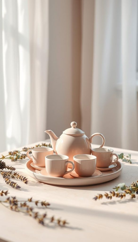 A cozy, minimalist still life of &quot;Classic Rosé Geschirr&quot; by KlickKiste. The scene features a delicate rose-colored ceramic tea set, including a teapot, cups, and saucers, arranged on a pale wooden table. Soft, natural lighting filters through sheer curtains, casting a warm, inviting glow. Surrounding the tea set are dried botanicals, like sprigs of lavender and eucalyptus, adding a touch of rustic, boho-chic charm. The overall mood is one of understated elegance and hygge, perfect for this Winter-inspired, Pinterest-worthy image.