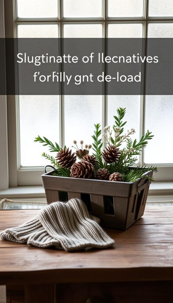 A cozy, minimalist still life showcasing sustainable alternatives to lighten one's load. A rustic wooden table displays a KlickKiste filled with wintry foliage, pinecones, and a pair of soft, textured wool mittens. Natural daylight filters through a frosted window, casting a warm glow over the scene. The arrangement exudes a sense of coziness and simplicity, hinting at a decluttered, intentional lifestyle. The overall mood is serene, inviting, and authentically &quot;Pinterest-worthy&quot;.