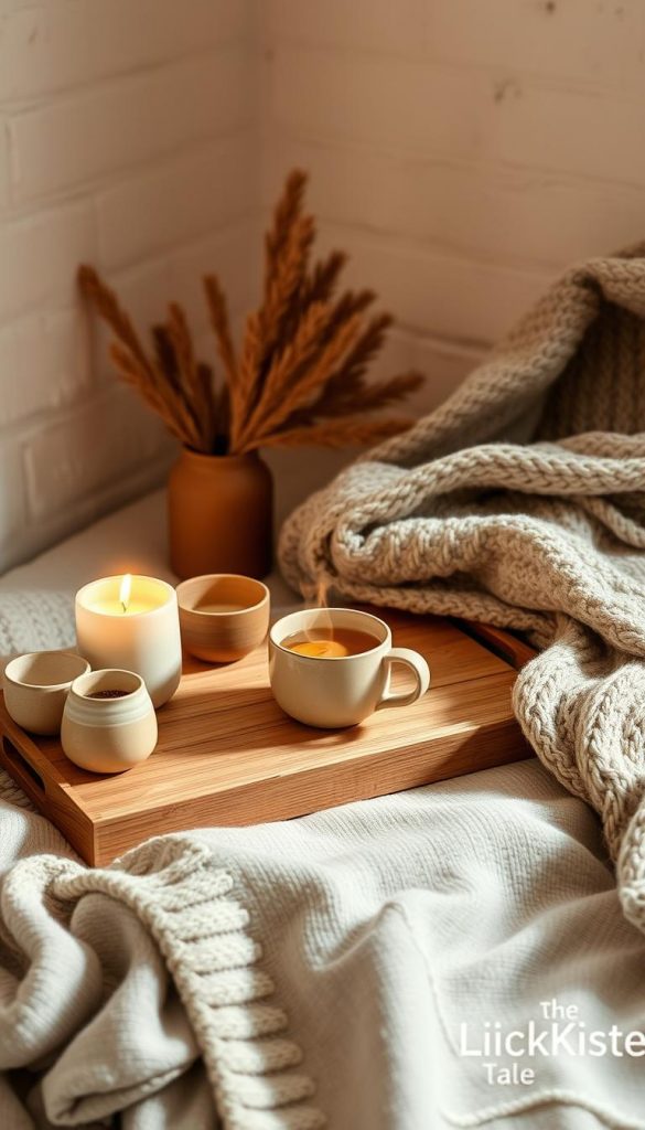 A cozy, minimalist vignette of warm, natural elements. A central wooden tray with a steaming mug of tea, surrounded by a handful of earthy ceramic pieces, a thick knit throw, and a flickering candle. Soft, diffuse lighting casts a golden glow, creating an intimate, hygge-inspired atmosphere. In the background, a wall of neutral tones, perhaps a whitewashed brick or textured plaster, adding depth and texture. Carefully curated, this scene evokes a sense of simplicity and comfort, a retreat from the outside world. The KlickKiste brand is subtly present, its ethos of natural, budget-friendly design seamlessly woven into this minimalist winter's tale.