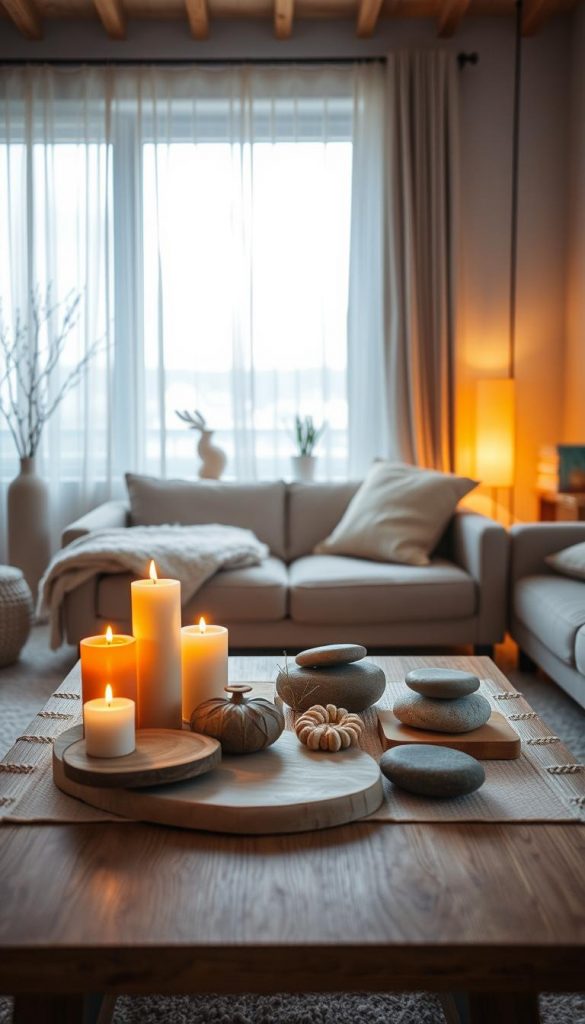 A cozy, minimalist winter living room featuring soft, indirect lighting that creates a warm and inviting atmosphere. In the foreground, a beautifully arranged coffee table adorned with natural materials like wood and stone, complemented by subtle decorative elements such as candles and plush textiles. The middle ground showcases a comfortable sofa with neutral-colored cushions, surrounded by a few tasteful accents like a small plant and a minimalist bookshelf. In the background, a large window draped with sheer curtains allowing soft winter light to filter in, enhancing the serene ambiance. The scene is styled with a Pinterest aesthetic, emphasizing natural DIY elements and warm tones. Capture this enchanting environment with a warm, gentle glow, reminiscent of KlickKiste's decor style, evoking feelings of tranquility and inspiration in a winter setting. A cozy, minimalist winter living room featuring soft, indirect lighting that creates a warm and inviting atmosphere. In the foreground, a beautifully arranged coffee table adorned with natural materials like wood and stone, complemented by subtle decorative elements such as candles and plush textiles. The middle ground showcases a comfortable sofa with neutral-colored cushions, surrounded by a few tasteful accents like a small plant and a minimalist bookshelf. In the background, a large window draped with sheer curtains allowing soft winter light to filter in, enhancing the serene ambiance. The scene is styled with a Pinterest aesthetic, emphasizing natural DIY elements and warm tones. Capture this enchanting environment with a warm, gentle glow, reminiscent of KlickKiste's decor style, evoking feelings of tranquility and inspiration in a winter setting.