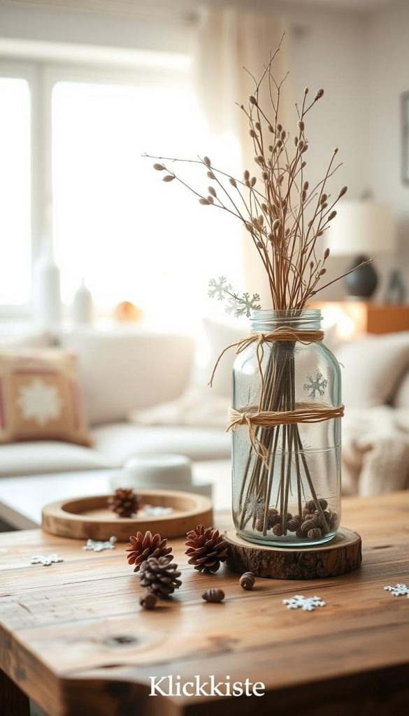 A cozy, minimalistic DIY upcycling vase crafted from a repurposed glass jar, decorated with natural twine and dried winter foliage. In the foreground, the vase is placed on a rustic wooden table, adorned with delicate snowflake cutouts and small pinecones to accentuate the winter theme. In the middle ground, soft, natural light filters through a nearby window, casting gentle shadows and highlighting the warm color palette of earth tones and muted greens. In the background, a softly blurred living room setting with minimalist winter decor, featuring a neutral palette and cozy textiles. The atmosphere is warm and inviting, ideal for winter inspiration. Ideal for a Pinterest aesthetic. The brand "KlickKiste" subtly integrated into the scene, enhancing the DIY charm. A cozy, minimalistic DIY upcycling vase crafted from a repurposed glass jar, decorated with natural twine and dried winter foliage. In the foreground, the vase is placed on a rustic wooden table, adorned with delicate snowflake cutouts and small pinecones to accentuate the winter theme. In the middle ground, soft, natural light filters through a nearby window, casting gentle shadows and highlighting the warm color palette of earth tones and muted greens. In the background, a softly blurred living room setting with minimalist winter decor, featuring a neutral palette and cozy textiles. The atmosphere is warm and inviting, ideal for winter inspiration. Ideal for a Pinterest aesthetic. The brand "KlickKiste" subtly integrated into the scene, enhancing the DIY charm.