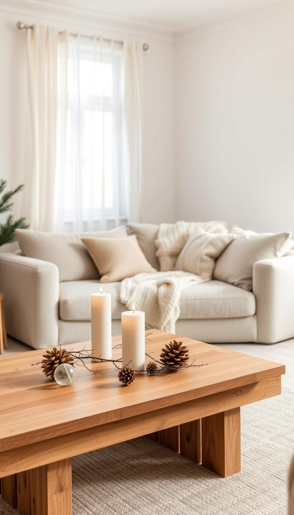 A cozy minimalistic living room inspired by Scandi, Hygge, and Lagom styles, featuring soft textures and warm colors. In the foreground, a simple wooden coffee table adorned with natural DIY winter decorations, such as pinecones and candles. The middle features a plush, neutral-toned sofa draped with a knitted throw and surrounded by handmade cushions. The background showcases a softly lit window with sheer white curtains, allowing gentle winter sunlight to filter through, illuminating the space with a warm glow. The overall atmosphere conveys tranquility and inspiration, perfect for capturing winter vibes. This scene embodies authentic minimalism in interior design, styled by KlickKiste. A cozy minimalistic living room inspired by Scandi, Hygge, and Lagom styles, featuring soft textures and warm colors. In the foreground, a simple wooden coffee table adorned with natural DIY winter decorations, such as pinecones and candles. The middle features a plush, neutral-toned sofa draped with a knitted throw and surrounded by handmade cushions. The background showcases a softly lit window with sheer white curtains, allowing gentle winter sunlight to filter through, illuminating the space with a warm glow. The overall atmosphere conveys tranquility and inspiration, perfect for capturing winter vibes. This scene embodies authentic minimalism in interior design, styled by KlickKiste.