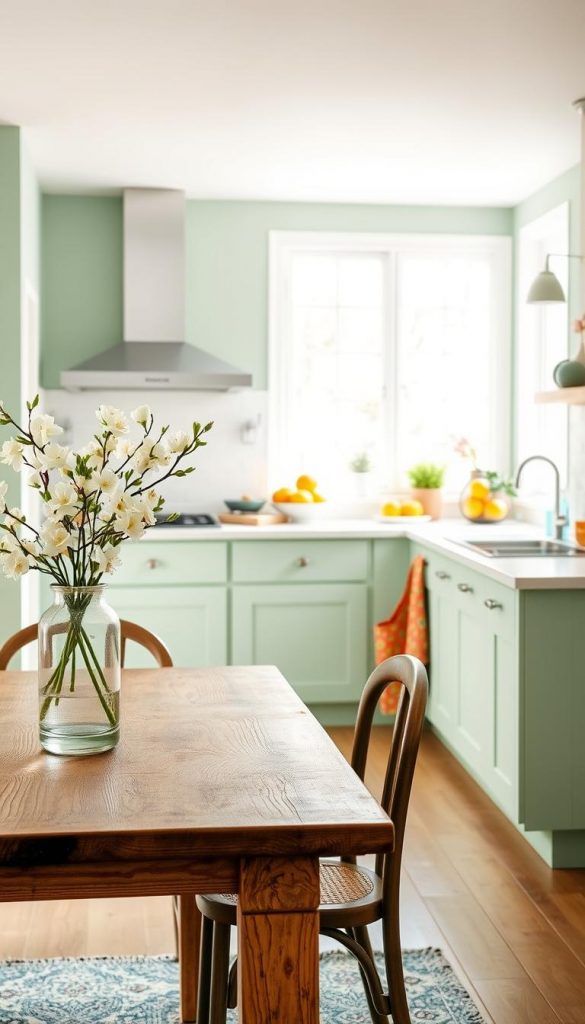 A cozy mint green spring kitchen, designed with a modern aesthetic. In the foreground, a rustic wooden dining table is elegantly set with fresh blossoms in a glass vase and vibrant aprons hanging from the chairs. In the middle, mint green cabinetry complements a light marble countertop, decorated with colorful citrus fruits. The background features a large window allowing warm, natural sunlight to pour in, illuminating the space and creating a cheerful atmosphere. Soft green walls enhance the freshness of the scene, while subtle hints of orange and blue accents add a pop of color. The overall mood is inviting and inspiring, perfect for a spring makeover. The style reflects the essence of KlikKiste with natural DIY elements.