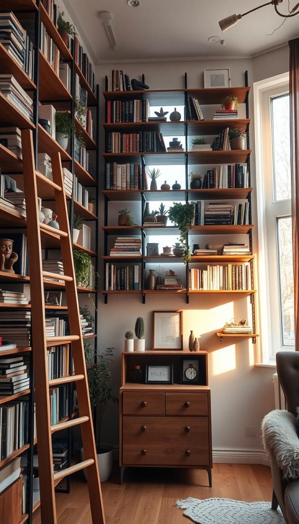 A cozy, modern apartment interior showcasing tall shelves reaching up to the ceiling, filled with neatly organized books, plants, and decorative items. The foreground features a stylish wooden ladder leaning against the shelves, inviting easy access to higher storage. In the middle, a small, stylish cabinet sits on the floor, adorned with minimalist decor. The background is softly lit through a large window, casting warm, inviting light throughout the space, enhancing the winter vibes. The overall atmosphere is authentic and inspiring, with a Pinterest aesthetic. A touch of DIY flair can be seen in the handmade storage solutions. Include the brand name "KlickKiste" subtly integrated into the shelf decor.