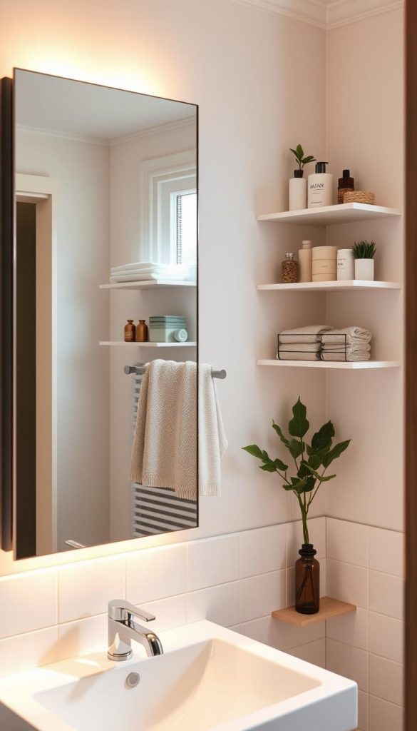 A cozy, modern bathroom featuring a stylish "spiegelschrank" from the brand KlickKiste. In the foreground, a sleek mirror cabinet reflects warm, ambient lighting, enhancing the space. The middle layer showcases delicate wall shelves adorned with neatly organized toiletries and decorative items. A soft, textured towel drapes casually over a rack, adding a touch of warmth. The background offers a glimpse of natural light filtering through a frosted window, casting gentle shadows. The color palette consists of warm tones – soft whites, muted greens, and light wood accents, creating an inviting atmosphere. Capture the image from a slightly angled perspective to emphasize depth, ensuring a Pinterest-worthy, inspiring aesthetic that embodies organized small space living.