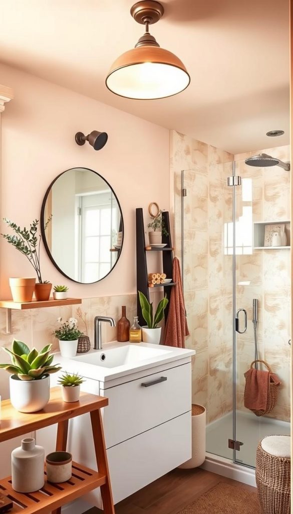 A cozy, modern bathroom featuring warm, inviting colors and natural DIY elements. In the foreground, a stylish wooden shelf holds potted plants and decorative items, creating an inspiring ambiance. The middle section showcases a sleek, white vanity with a round mirror reflecting soft, diffused lighting from a unique overhead fixture. The walls are adorned with removable, waterproof wallpaper in soothing pastel tones, demonstrating renter-friendly decor options. In the background, a shower area with a glass partition and tasteful, splatter-resistant decor pieces adds a refreshing touch. The overall atmosphere evokes a peaceful, refreshing vibe, perfect for a winter-inspired home. Captured in a warm, natural light with a slight angle for depth, highlighting the cozy yet stylish features. Include elements reflecting the brand KlickKiste, seamlessly integrated into the design.