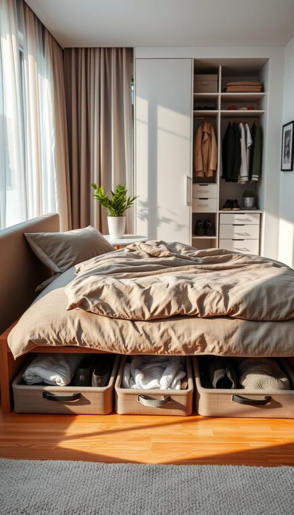 A cozy, modern bedroom showcasing efficient under-bed storage solutions by KlickKiste. In the foreground, a neatly made bed with textured linens and a stylish headboard, while low-profile storage bins, meticulously organized, peek out from underneath, filled with seasonal clothing and accessories. In the middle, a chic bedside table adorned with a small potted plant and an inviting book, creating a warm atmosphere. The background features a compact, well-organized wardrobe with stylish dividers, perfectly separating clothes, shoes, and accessories. Soft, natural lighting filters through sheer curtains, casting gentle shadows and enhancing the inviting, winter-inspired mood, evoking a Pinterest aesthetic, with a harmonious blend of warm colors and inviting textures.