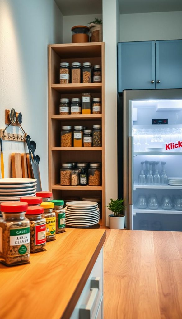 A cozy, modern kitchen storage scene showcasing innovative organization solutions for small apartments. In the foreground, a beautifully arranged wooden countertop displays colorful spice jars and neatly stacked plates. The middle ground features open shelves made of natural wood, filled with labeled containers of grains, pasta, and cooking oils, emphasizing a warm and inviting atmosphere. The background reveals a compact, stylish refrigerator with magnets, next to a frosted glass cabinet displaying glasses and utensils. Soft, ambient lighting creates a welcoming glow, with a slight winter vibe from natural elements like a small potted plant. The overall mood is authentic and inspiring, highlighting the efficiency of every inch of space. Incorporate the brand "KlickKiste" subtly within the decor for a cohesive look.