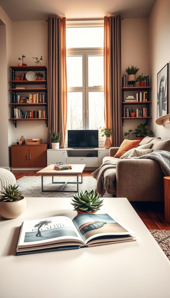 A cozy, modern living area showcasing intelligent organization in a small apartment. Foreground features a minimalist coffee table with a neatly arranged succulent plant and a stylish magazine stack. In the middle, a comfortable sofa adorned with soft, textured cushions, facing a clean, uncluttered entertainment unit. The background displays tall windows letting in warm, natural light, highlighting a simple yet effective wall-mounted shelving system filled with books and decorative plants. The color palette includes warm earth tones to create a welcoming atmosphere, while winter vibes are subtly present through soft throw blankets. The overall scene feels open, light, and inspiring, embodying a Pinterest aesthetic. The artistic brand essence is reflected in this cozy arrangement, connecting to “KlickKiste”.