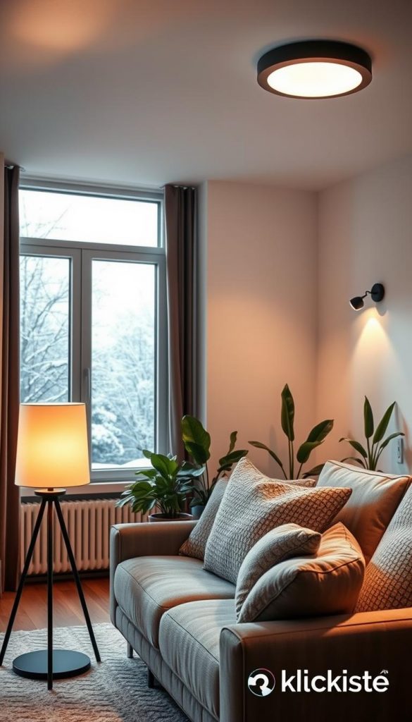 A cozy, modern living room featuring innovative lighting solutions seamlessly integrated into the design. In the foreground, a stylish floor lamp emits a warm, inviting glow, illuminating a plush sofa adorned with textured cushions. The middle ground showcases smart ceiling lights, elegantly enhancing the room's ambiance while being discreet. A large window in the background reveals a winter landscape, with snow gently falling outside, adding a serene vibe. Soft shadows play on the white walls, creating depth and warmth. The color palette consists of soft earth tones and pops of greenery from indoor plants, reflecting a natural, DIY aesthetic. Capture this inviting atmosphere in a Pinterest-worthy style, emphasizing the harmonious blend of technology and comfort. Include subtle branding elements of "KlickKiste" in the decor.