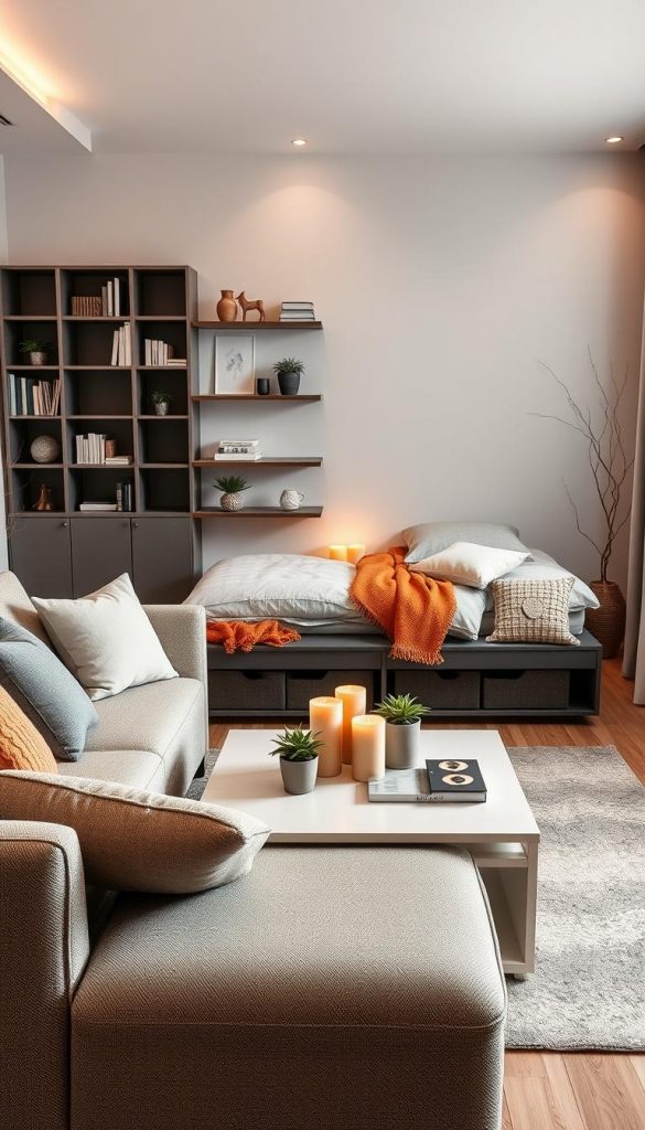 A cozy, modern living room featuring multifunctional furniture by KlickKiste, designed to maximize space while exuding warmth and comfort. In the foreground, a stylish sofa that transforms into a bed, adorned with soft, textured cushions and a colorful throw blanket. In the middle, a sleek coffee table that doubles as storage, surrounded by minimalistic decor elements like potted plants and warm-hued candles, creating an inviting atmosphere. The background features a wall-mounted shelving unit filled with books and decorative items, complemented by soft, ambient lighting that highlights the textures in the room. The overall mood conveys a sense of comfort and innovative design, with a winter ambiance accentuated by natural colors and a cozy feel, ideal for small living spaces.