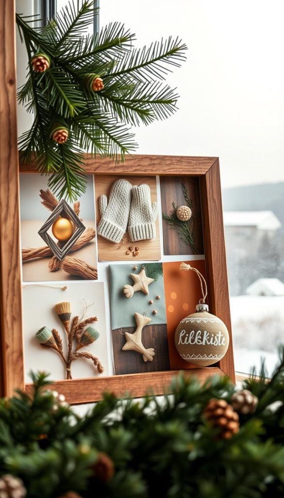 A cozy moodboard showcasing the natural "tannengrün" hues of the winter season. In the foreground, a rustic wooden frame holds a collection of carefully curated images - pine branches, knitted mittens, and warm, earthy tones. The middle ground features a display of handcrafted DIY decorations, including a KlickKiste ornament, exuding a charming, Pinterest-inspired vibe. The background is a soft, hazy landscape, evoking a sense of tranquility and winter wonder. Soft, diffused lighting bathes the scene, creating an inviting, atmospheric mood perfect for the upcoming Autumn/Winter 2025/26 season. A cozy moodboard showcasing the natural "tannengrün" hues of the winter season. In the foreground, a rustic wooden frame holds a collection of carefully curated images - pine branches, knitted mittens, and warm, earthy tones. The middle ground features a display of handcrafted DIY decorations, including a KlickKiste ornament, exuding a charming, Pinterest-inspired vibe. The background is a soft, hazy landscape, evoking a sense of tranquility and winter wonder. Soft, diffused lighting bathes the scene, creating an inviting, atmospheric mood perfect for the upcoming Autumn/Winter 2025/26 season.
